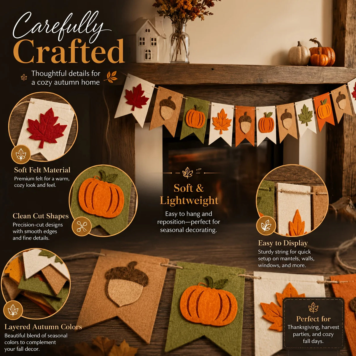 Fall Harvest Felt Banner Pumpkin Maple Leaf Acorn Garland Flag Autumn Thanksgiving Home Fireplace Mantel Party Hanging Decor