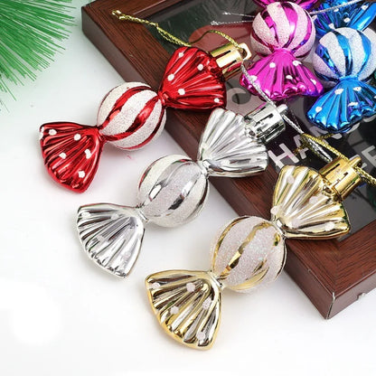 Christmas tree decorations, snowmen, faceless Santa Claus, candy sticks, colorful balls, small houses, Christmas atmosphere deco