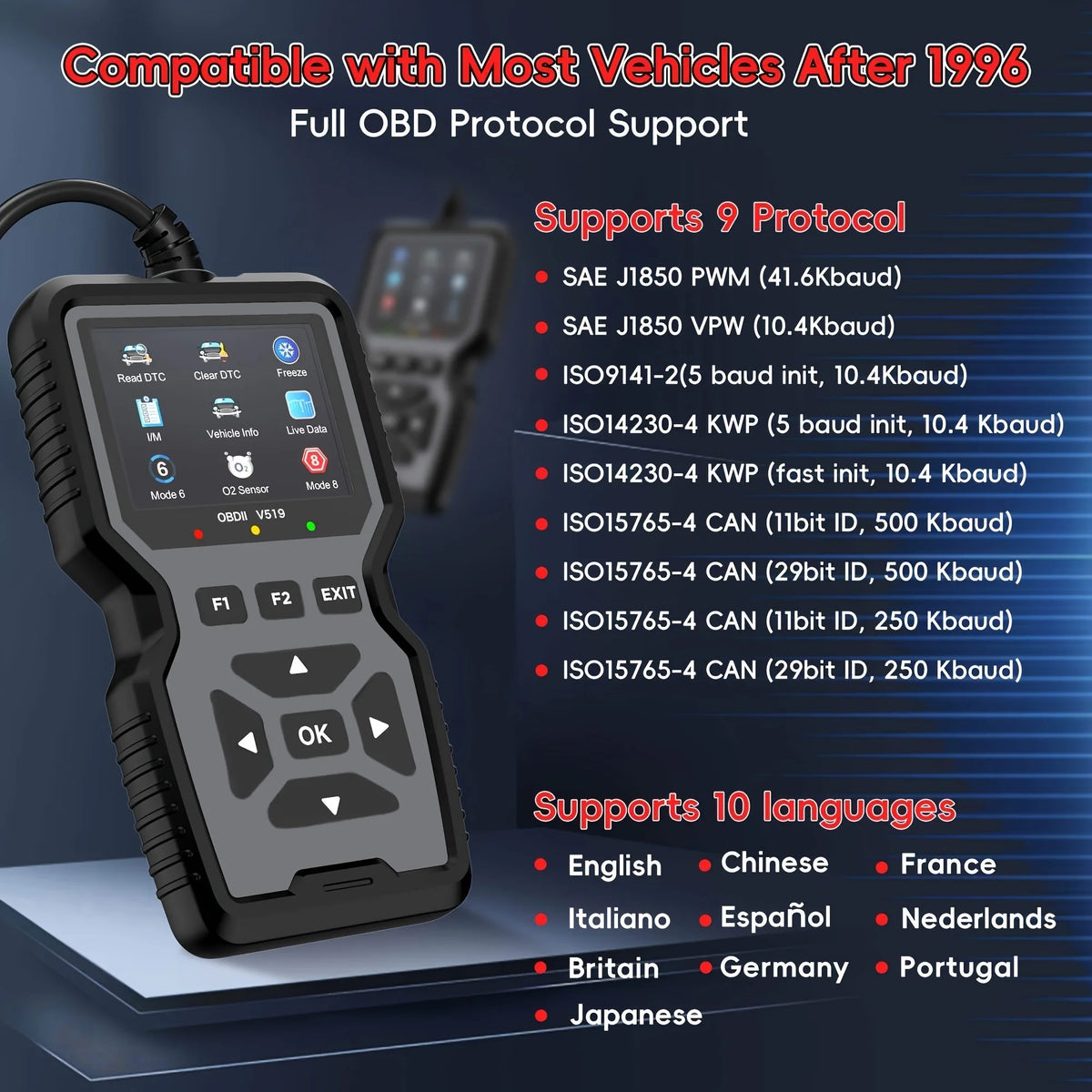 Professional Obd2 Diagnostic Tool for Heavy-Duty Vehicle Repair - Code Reader/Resetter, Supports Real-Time Data Stream, No Battery Required, Compatible with Vehicles from 1996 Onwards (Obdii/Eobd, Mode 6/8), Suitable for Mech