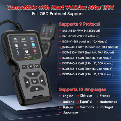 Professional Obd2 Diagnostic Tool for Heavy-Duty Vehicle Repair - Code Reader/Resetter, Supports Real-Time Data Stream, No Battery Required, Compatible with Vehicles from 1996 Onwards (Obdii/Eobd, Mode 6/8), Suitable for Mech