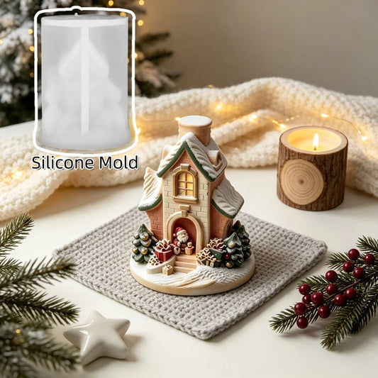 Snow house mold, suitable for resin, silicone mini Christmas house with chimney and pine tree,   fairy tale window decorations,