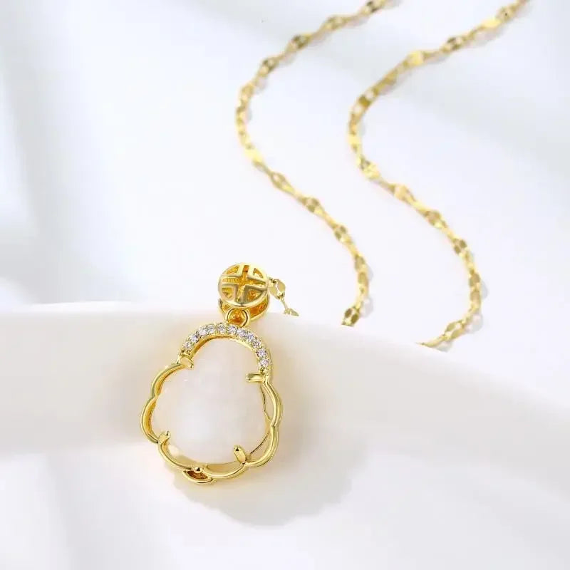 Can Open Bronze Mirror Box Pendant Women\'s Charm Retro Necklace Exquisite Handicrafts Oval Imitation Jade Jewelry Birthday Gift