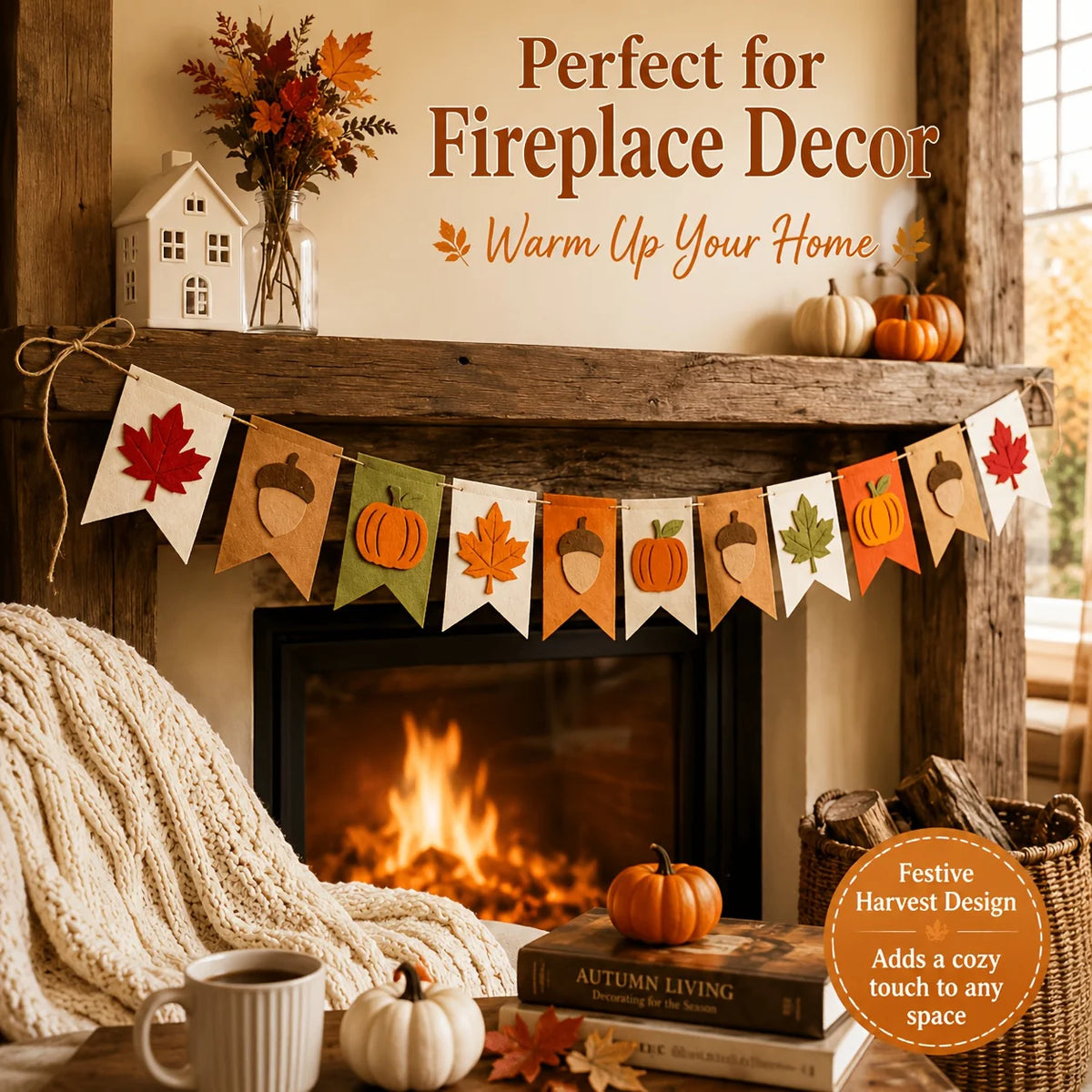 Fall Harvest Felt Banner Pumpkin Maple Leaf Acorn Garland Flag Autumn Thanksgiving Home Fireplace Mantel Party Hanging Decor