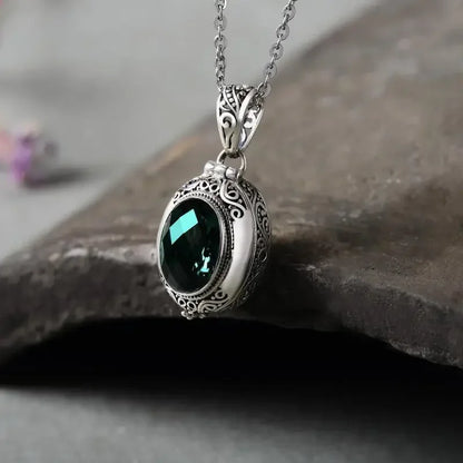 Can Open Bronze Mirror Box Pendant Women\'s Charm Retro Necklace Exquisite Handicrafts Oval Imitation Jade Jewelry Birthday Gift