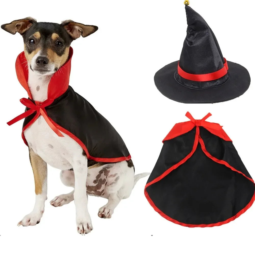 Halloween Pet Cosplay Costume Black Gold Halloween Decoration Wizard Hat Cape Set Printed Cat Dog Suit Party Accessories