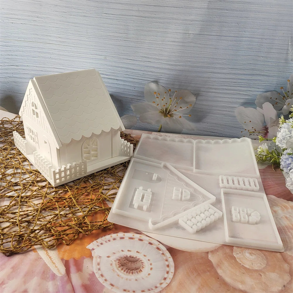 Snow House Fence Figurine Mold – DIY Silicone Cement/Gypsum Mould for Christmas Decor, Resin Craft, Holiday Ornament, Garden Art