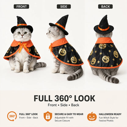 Halloween Witch Costume for Cats & Small Dogs, Black Pet Cape with Witch Hat, Gold Pumpkin Star Print, Adjustable Hook Loop