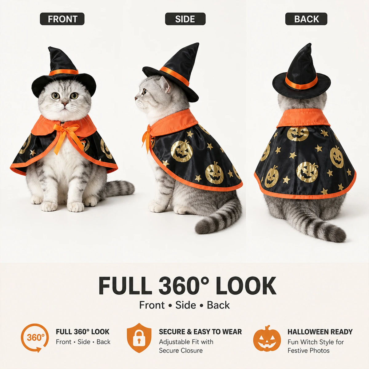 Halloween Witch Costume for Cats & Small Dogs, Black Pet Cape with Witch Hat, Gold Pumpkin Star Print, Adjustable Hook Loop