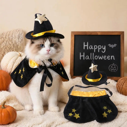 Halloween Pet Cat Witch Costume Black Cape Wizard Hat Moon Star Cloak for Small Medium Dogs Party Cosplay