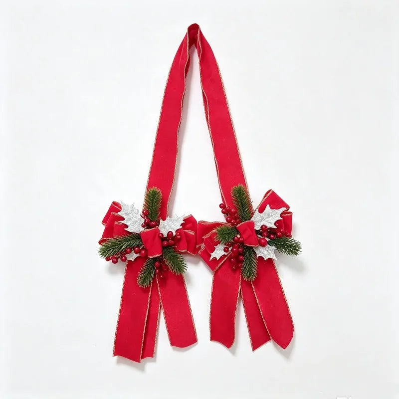 Christmas Bow Hanging Decoration with Red Berries Pine Needles Gold Silver Edged Velvet Bow for Door or Window Christmas Decor