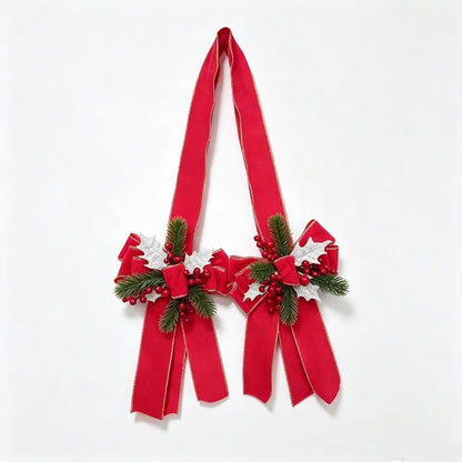 Christmas Bow Hanging Decoration with Red Berries Pine Needles Gold Silver Edged Velvet Bow for Door or Window Christmas Decor