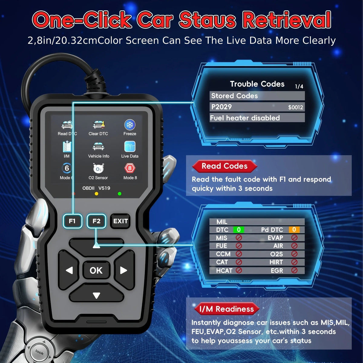 Professional Obd2 Diagnostic Tool for Heavy-Duty Vehicle Repair - Code Reader/Resetter, Supports Real-Time Data Stream, No Battery Required, Compatible with Vehicles from 1996 Onwards (Obdii/Eobd, Mode 6/8), Suitable for Mech