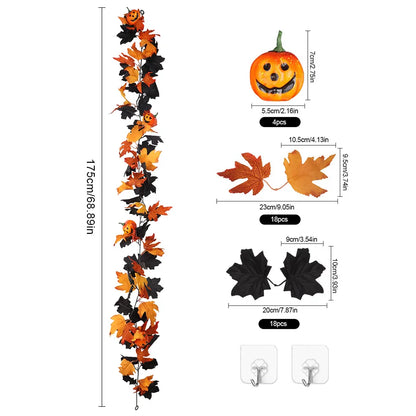 Halloween Garland Decorations Black Fall Leaves Vine with 3D Pumpkin Thanksgiving Harvest Festival Home Fireplace Mantle Decor