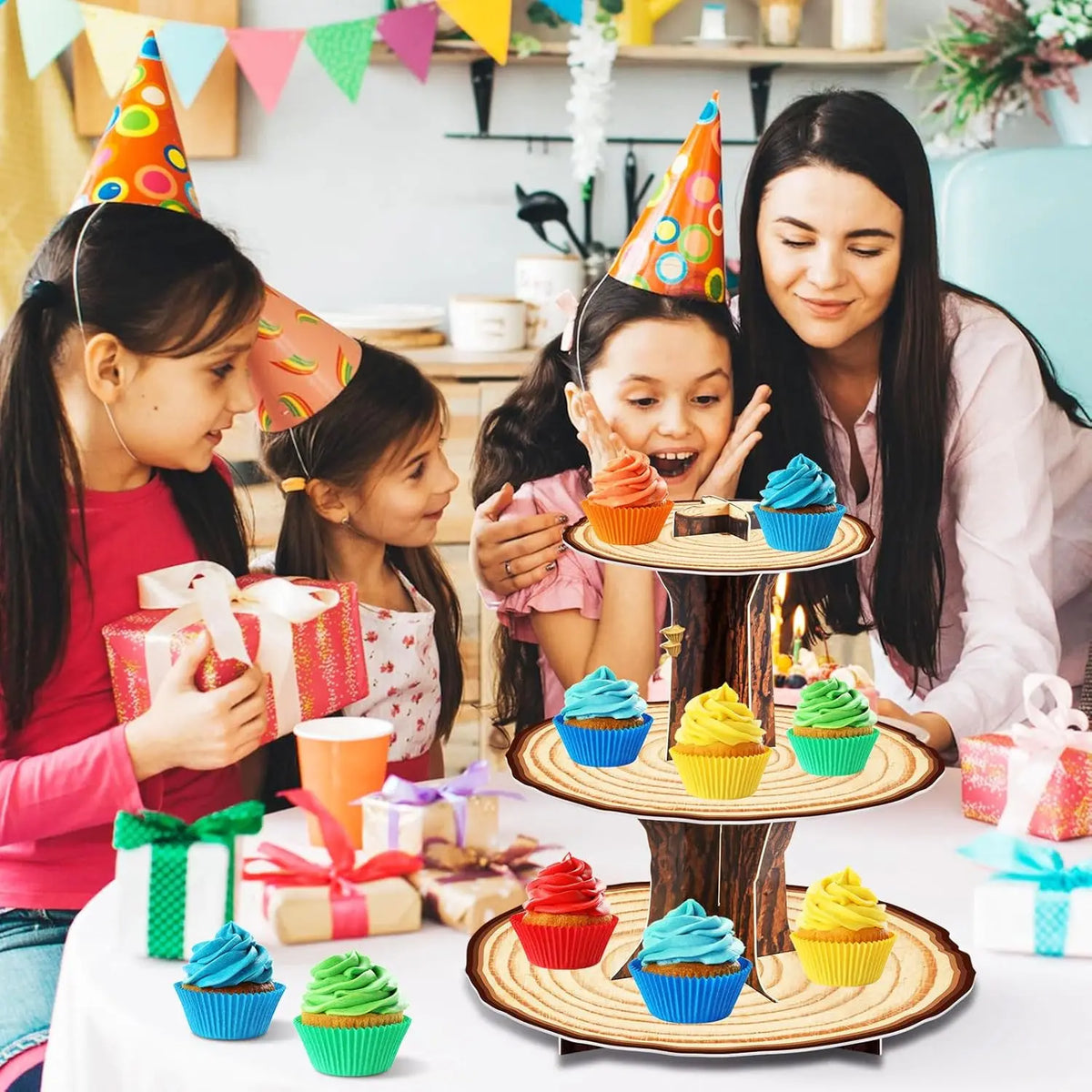Wooden Cupcake Stand Decoration 3 Tier Western Party Cake Holder Woodland Baby Shower Rustic Wood Cupcake Stand Decor for