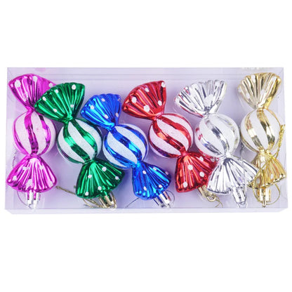 Christmas tree decorations, snowmen, faceless Santa Claus, candy sticks, colorful balls, small houses, Christmas atmosphere deco