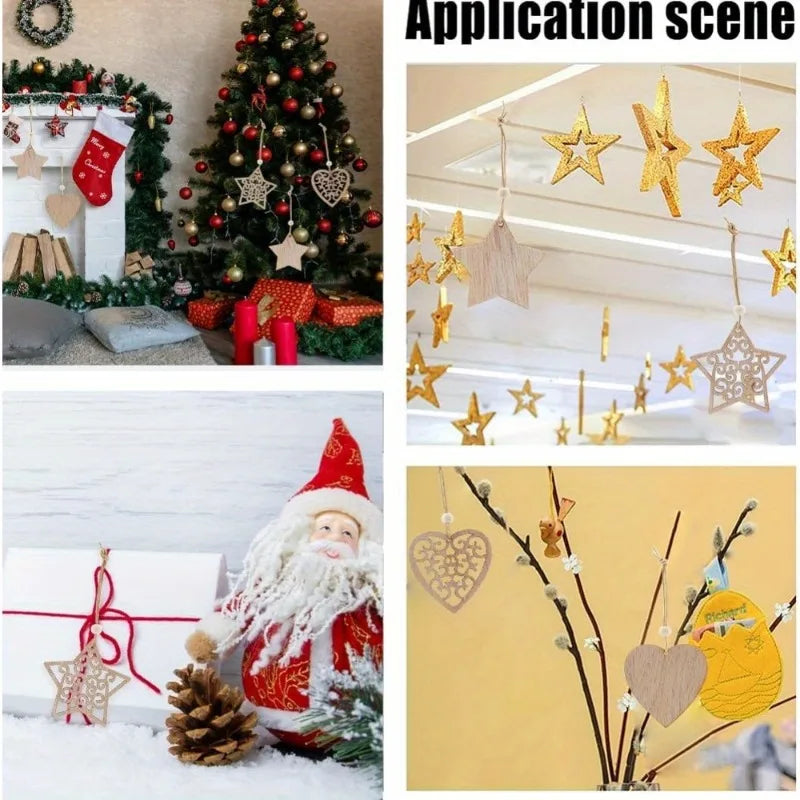 Elegant Wooden Christmas Ornaments Collection with Snowflake and Heart Designs for Home Tree Decor Festive Party Supplies,