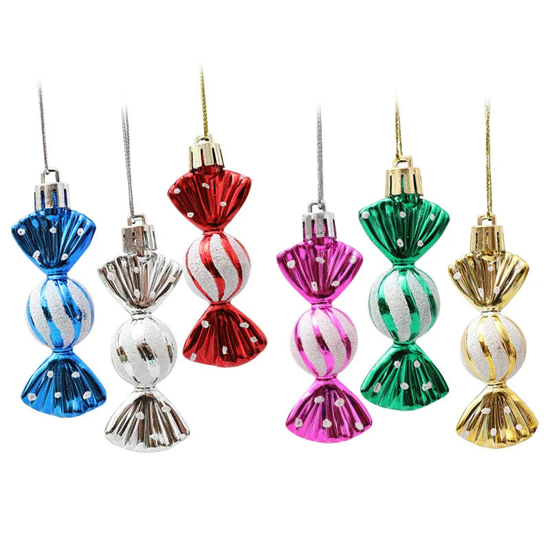 Christmas tree decorations, snowmen, faceless Santa Claus, candy sticks, colorful balls, small houses, Christmas atmosphere deco