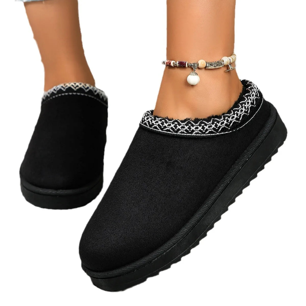 Snow Boots Women Winter New Cashmere Warm Thick Soles Without Heel-covered Hair Half Slipper Cotton Shoes Cashmere Warm Boots