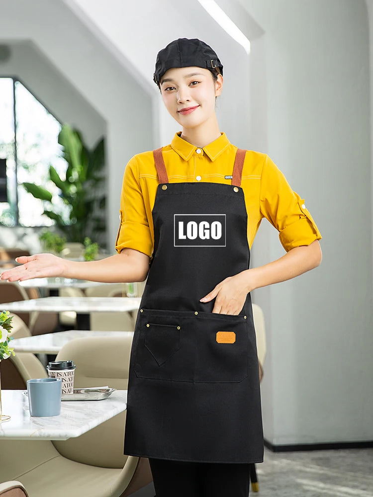 Customized Embroidery Brand Logo Waterproof Signature  Kitchen Aprons Home Chef Baking Clothes With Pockets Adult Bib Waist Bag