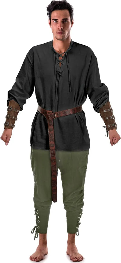 4 Pcs Halloween Men's Renaissance Costume Set Medieval Pirate Shirt Ankle Banded Pants Viking Belt Accessories