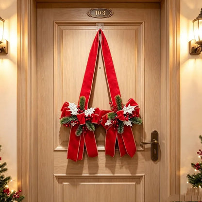 Christmas Bow Hanging Decoration with Red Berries Pine Needles Gold Silver Edged Velvet Bow for Door or Window Christmas Decor
