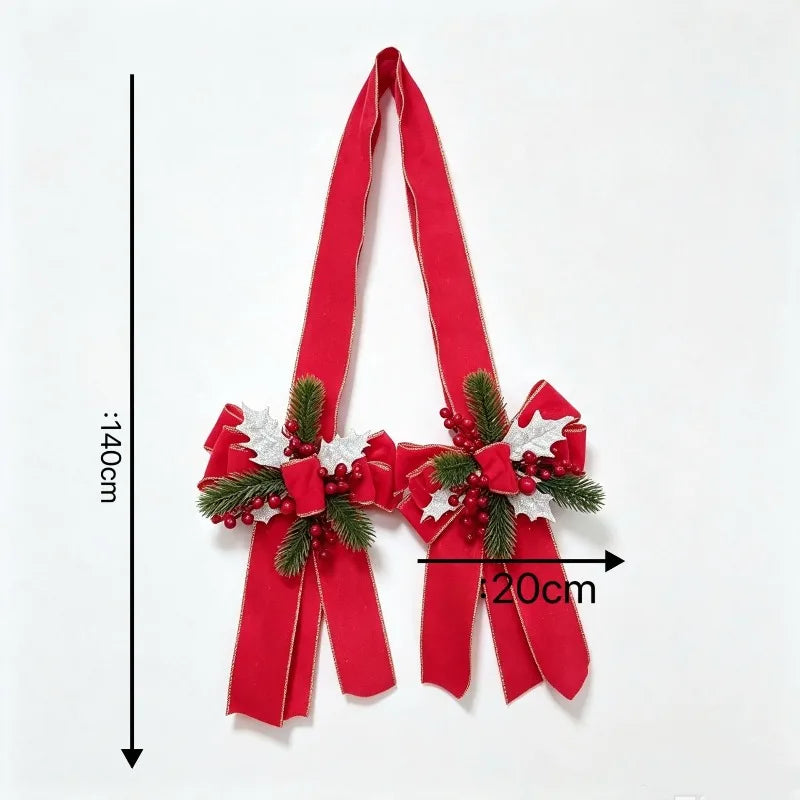Christmas Bow Hanging Decoration with Red Berries Pine Needles Gold Silver Edged Velvet Bow for Door or Window Christmas Decor