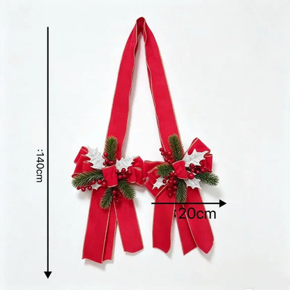 Christmas Bow Hanging Decoration with Red Berries Pine Needles Gold Silver Edged Velvet Bow for Door or Window Christmas Decor