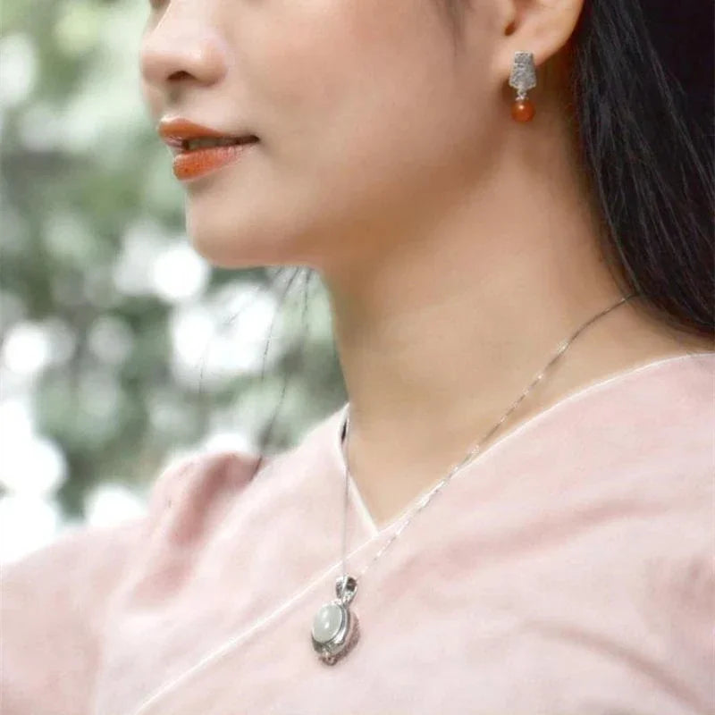 Can Open Bronze Mirror Box Pendant Women\'s Charm Retro Necklace Exquisite Handicrafts Oval Imitation Jade Jewelry Birthday Gift