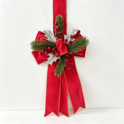 Christmas Bow Hanging Decoration with Red Berries Pine Needles Gold Silver Edged Velvet Bow for Door or Window Christmas Decor