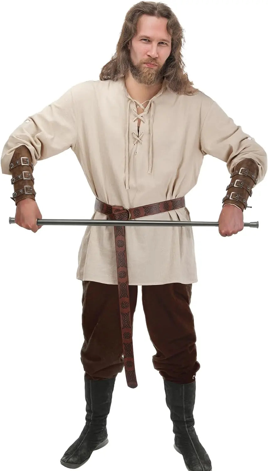 4 Pcs Halloween Men's Renaissance Costume Set Medieval Pirate Shirt Ankle Banded Pants Viking Belt Accessories