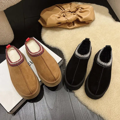 Snow Boots for Women 2024 Winter New Cashmere Warm Platform Without Heel-covered Hair Half Slipper Cotton Shoes for Women Q426