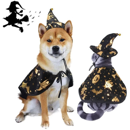 Halloween Pet Cosplay Costume Black Gold Halloween Decoration Wizard Hat Cape Set Printed Cat Dog Suit Party Accessories