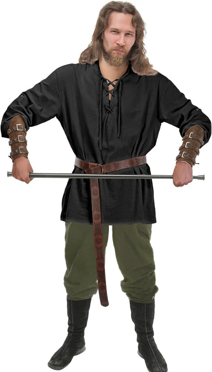 4 Pcs Halloween Men's Renaissance Costume Set Medieval Pirate Shirt Ankle Banded Pants Viking Belt Accessories