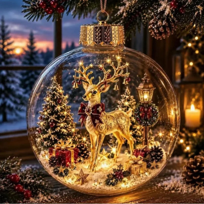 10CM Clear Christmas Ornament Ball Glowing Decor Holiday Scene Christmas Tree Hanging Toy Winter Diorama Bauble for Window Xmas