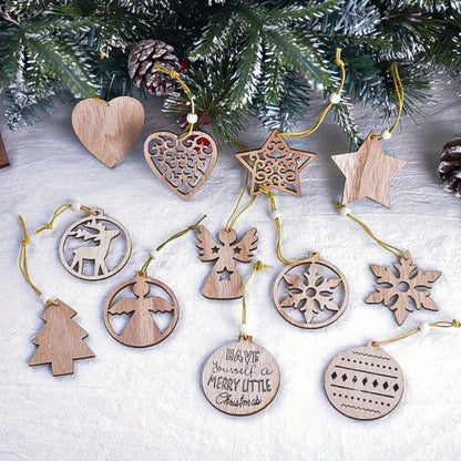 Elegant Wooden Christmas Ornaments Collection with Snowflake and Heart Designs for Home Tree Decor Festive Party Supplies,