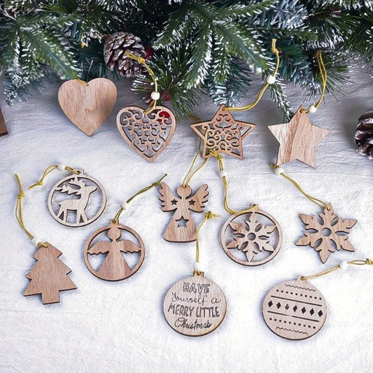 Elegant Wooden Christmas Ornaments Collection with Snowflake and Heart Designs for Home Tree Decor Festive Party Supplies,