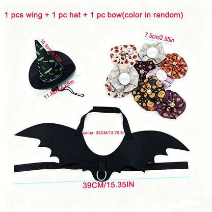 3 PCS Halloween Pet Costume Accessories,Witch Hat,Bat Wing Harness,Skull Bow Tie,Halloween Decors Dress Up for Cat Small Dog