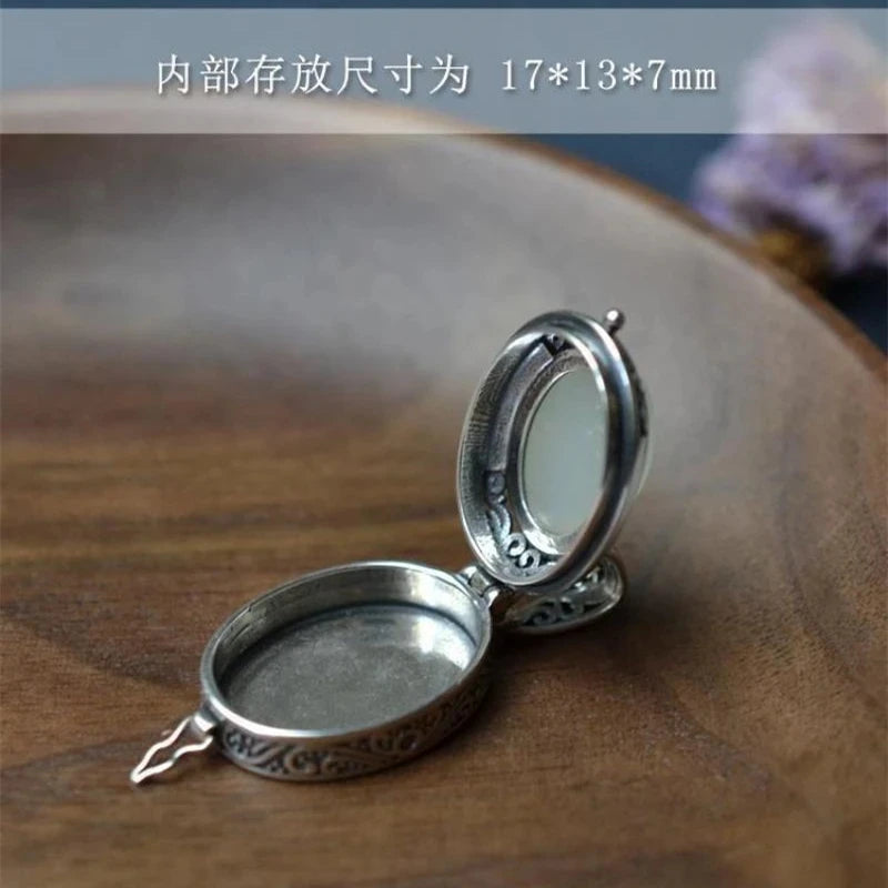 Can Open Bronze Mirror Box Pendant Women\'s Charm Retro Necklace Exquisite Handicrafts Oval Imitation Jade Jewelry Birthday Gift