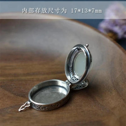 Can Open Bronze Mirror Box Pendant Women\'s Charm Retro Necklace Exquisite Handicrafts Oval Imitation Jade Jewelry Birthday Gift