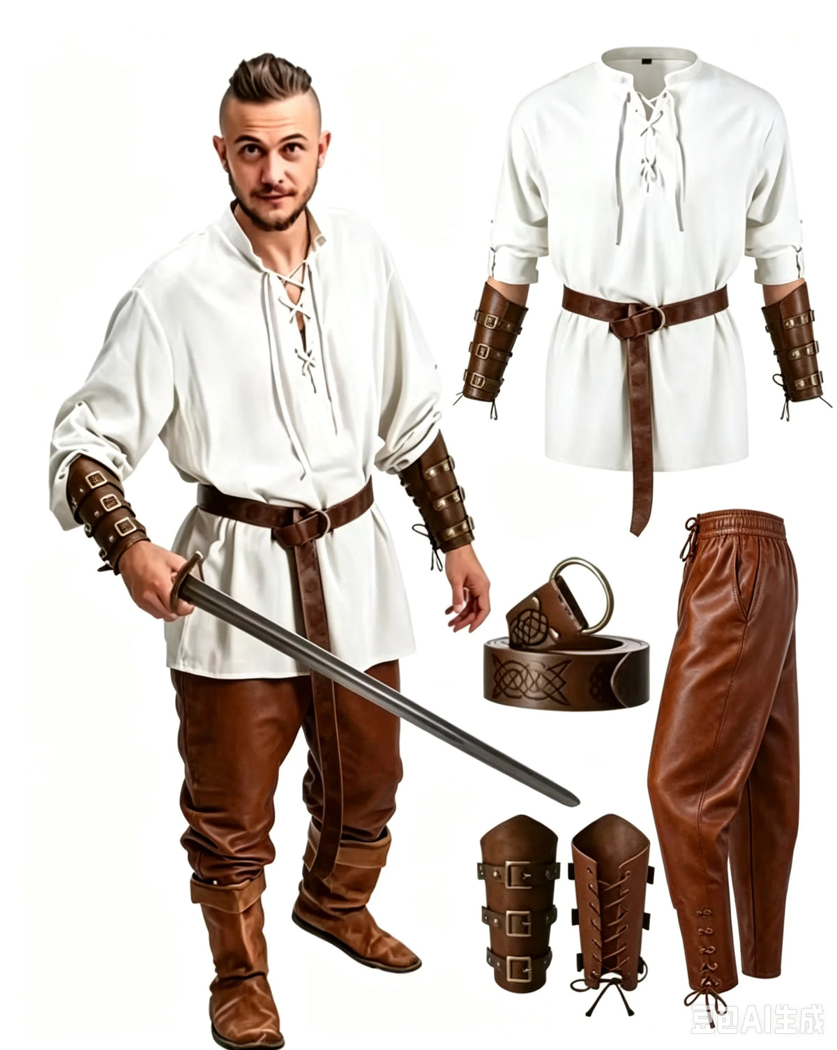 4 Pcs Halloween Men's Renaissance Costume Set Medieval Pirate Shirt Ankle Banded Pants Viking Belt Accessories