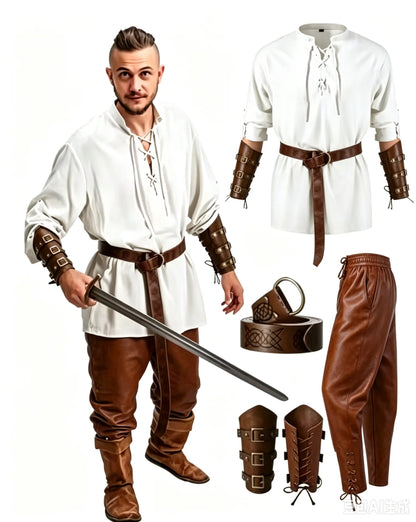 4 Pcs Halloween Men's Renaissance Costume Set Medieval Pirate Shirt Ankle Banded Pants Viking Belt Accessories