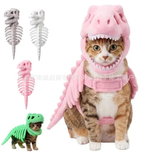 Halloween Dinosaur Skeleton Pet Hooded Costume Cute Cat Puppy Cosplay Outfit Funny Party Dress Up Clothes Small Animal Holiday