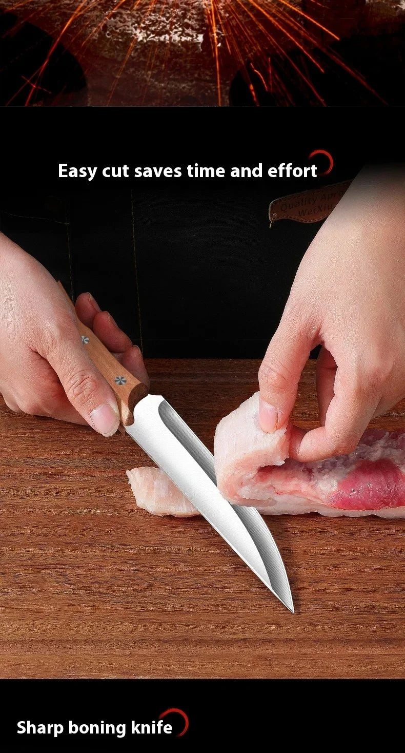 Stainless Steel Fillet Boning Knife Professional Chef's Kitchen Knife Forged Meat Cleaver Fish Slicing Knife Wooden Handle