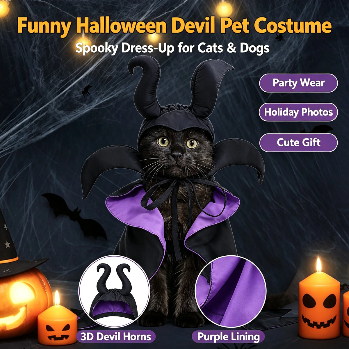 Halloween Dog Cat Costume Hooded Cloak Maleficent Velvet Cape Adjustable Cosplay Party Dress Apparel Funny Witch Holiday Pet