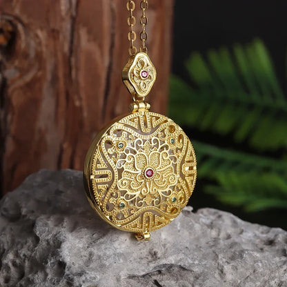 Can Open Bronze Mirror Box Pendant Women\'s Charm Retro Necklace Exquisite Handicrafts Oval Imitation Jade Jewelry Birthday Gift