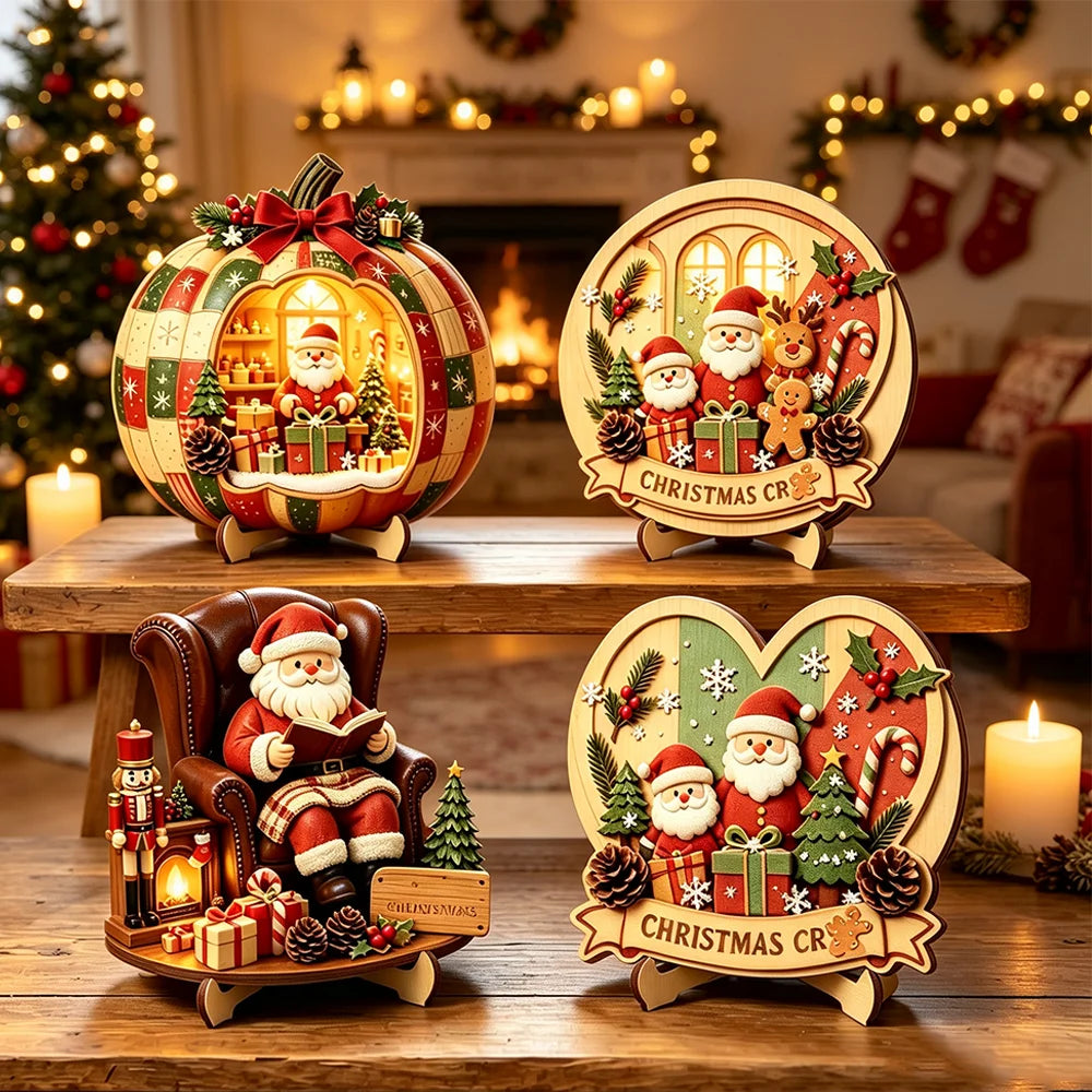 Christmas 2D Wooden Tabletop Decor with Stand Santa Snowman Reindeer Ect. Xmas Holiday Desktop Decor for Home Party