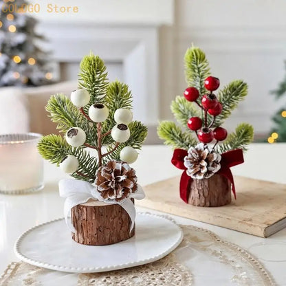 Desk Christmas Tree Ornament with Wood-Look Base for Winter Rooms D0LD