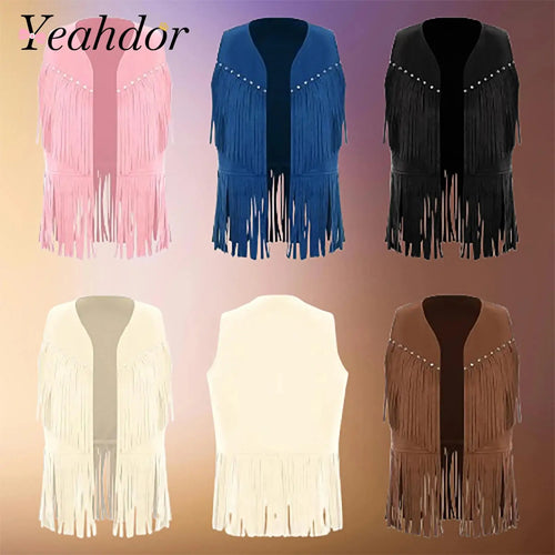 Kids Girl Boy Fringed Vest for Carnival Theme Party Tassels Top Open Front Waistcoat Child Halloween Western Cowboy Costumes