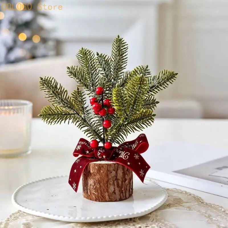 Desk Christmas Tree Ornament with Wood-Look Base for Winter Rooms D0LD