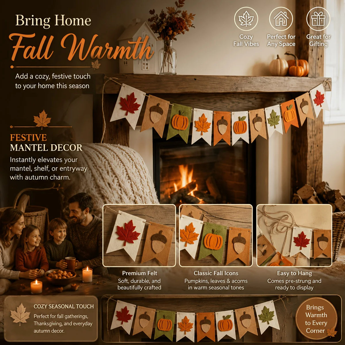 Fall Harvest Felt Banner Pumpkin Maple Leaf Acorn Garland Flag Autumn Thanksgiving Home Fireplace Mantel Party Hanging Decor